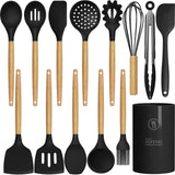 Silicone Cooking Utensils Set Utensil Sets - 446°F Heat Resistant Silicone Kitchen Utensils Set Wooden Handles, Silicone Utensils for Cooking w Holder for Non-Stick Cookware BPA FREE (Black) oannao