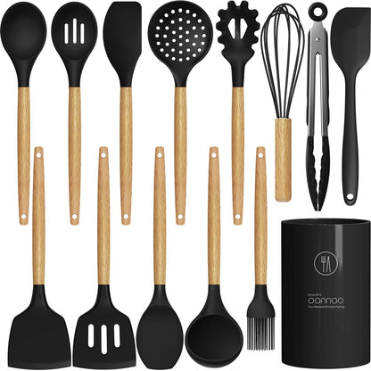 Silicone Cooking Utensils Set Utensil Sets - 446°F Heat Resistant Silicone Kitchen Utensils Set Wooden Handles, Silicone Utensils for Cooking w Holder for Non-Stick Cookware BPA FREE (Black)