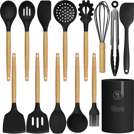 Silicone Cooking Utensils Set Utensil Sets - 446°F Heat Resistant Silicone Kitchen Utensils Set Wooden Handles, Silicone Utensils for Cooking w Holder for Non-Stick Cookware BPA FREE (Black) oannao