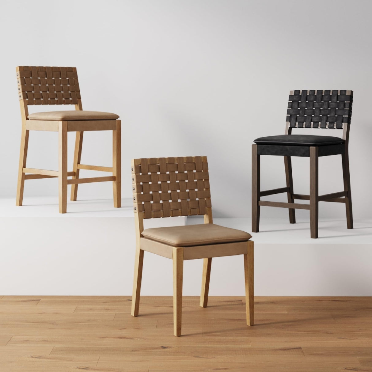 Nathan James Cohen Wood Dining Chair, Mid-Century Modern Upholstered Side Chair with Hand Woven Faux Leather Backrest, 20"D x 18"W x 33"H, Natural Brown Nathan James