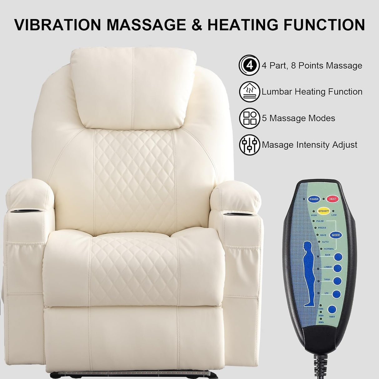 IBTKIG Power Recliner Chair with Heat and Massage, PU Leather Home Theater Seating with LED Lights/Cup Holders/Side Pocket/USB Port, Reclining Sofa Chair for Living Room (1, Beige) IBTKIG