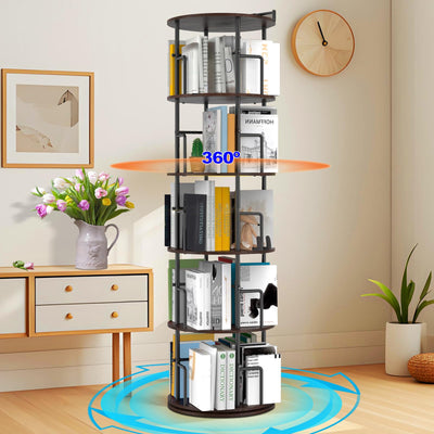 Amzeth Solid Wood Rotating Bookshelf, 5 Tiers, 360 Degree Rotating Bookshelf Tower, Round Floor Standing Rotating Bookcase with Anti-Tipping Design for Small Spaces, Corners, Bedrooms, Etc- Brown