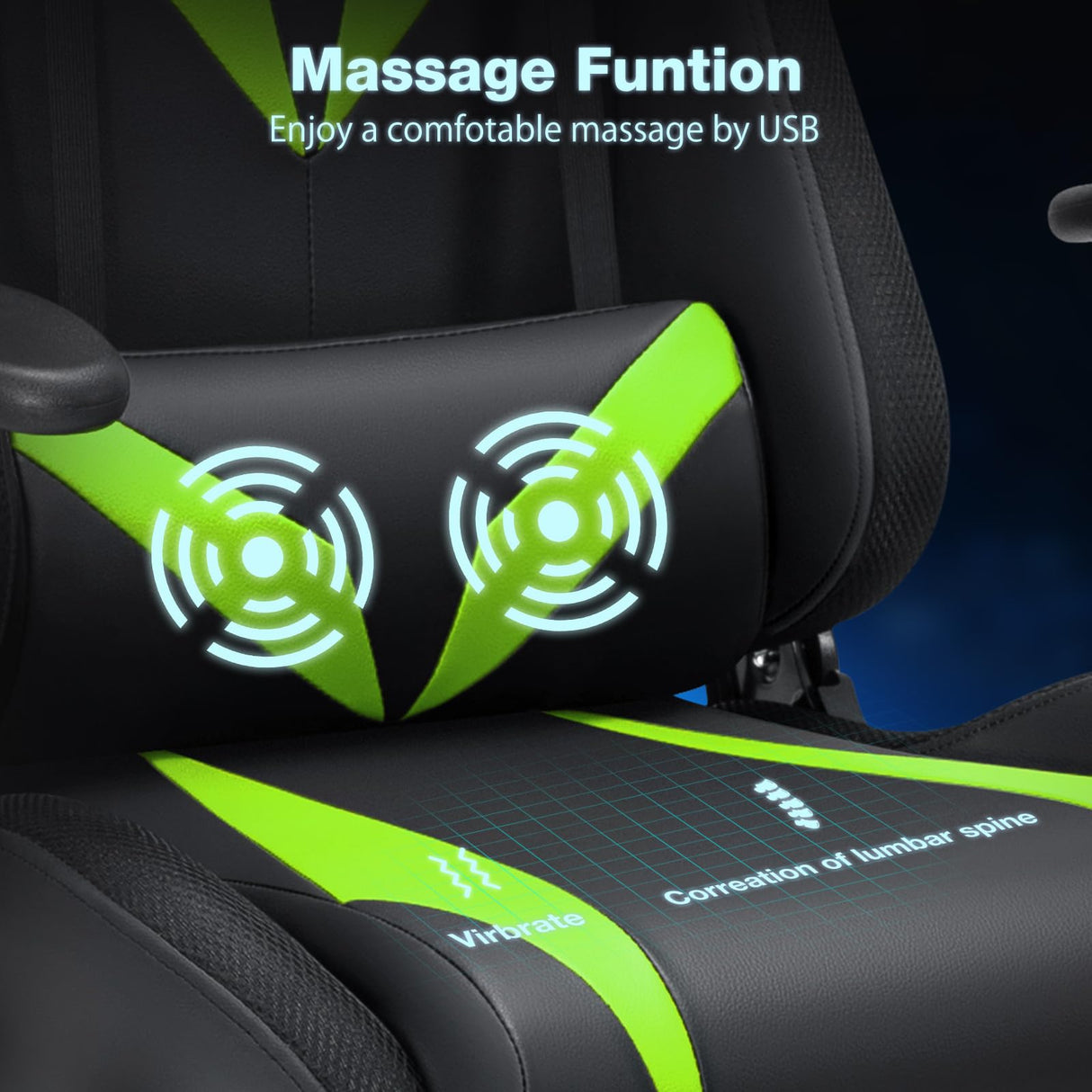HOFFREE Gaming Chair with Bluetooth Speakers and Led Lights Massage Vide Game Chair with Footrest Reclining High Back Computer Gamer Chair Green and Black HOFFREE