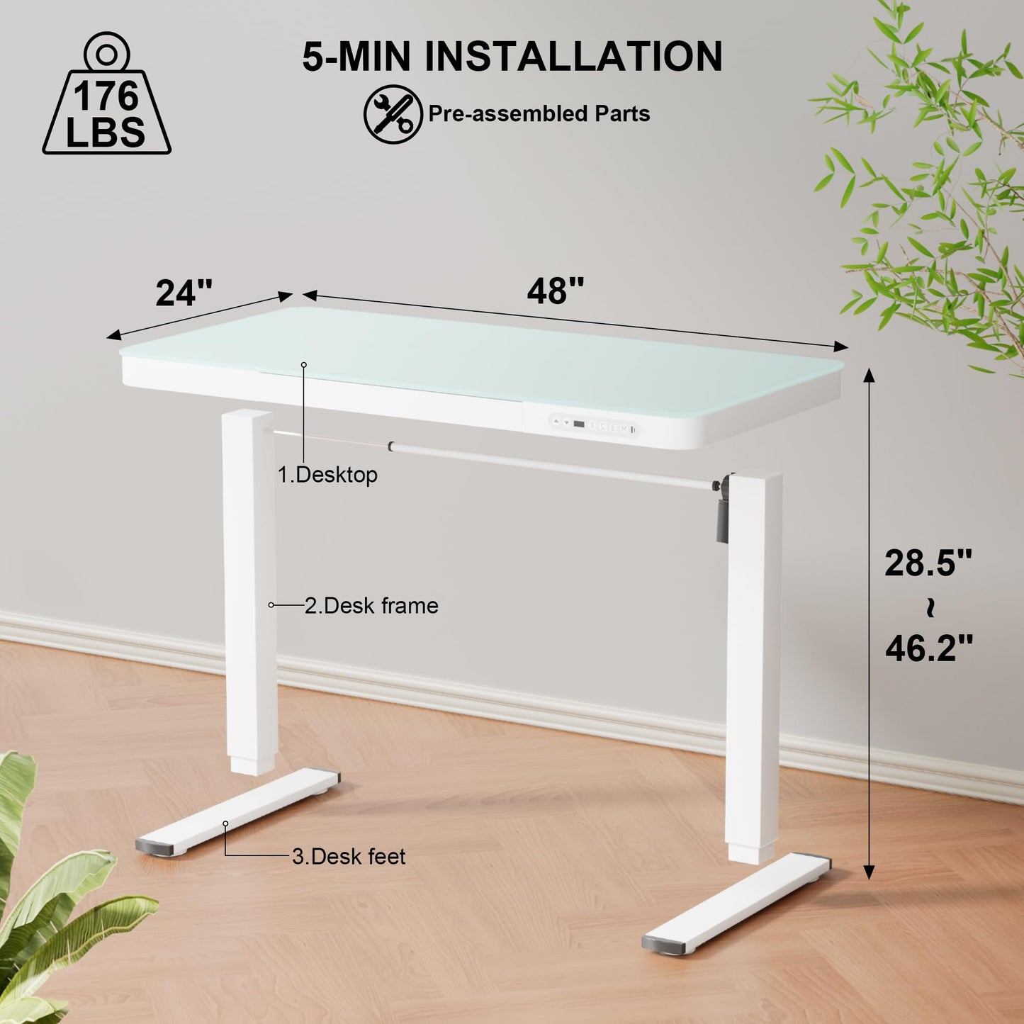 Furmax Glass Standing Desk with Drawer 48 x 24 Inch Adjustable Height Stand up Desk One-Piece Board Pre-Assembled Home Office Computer Desk with USB Ports, Glass Top - WoodArtSupply