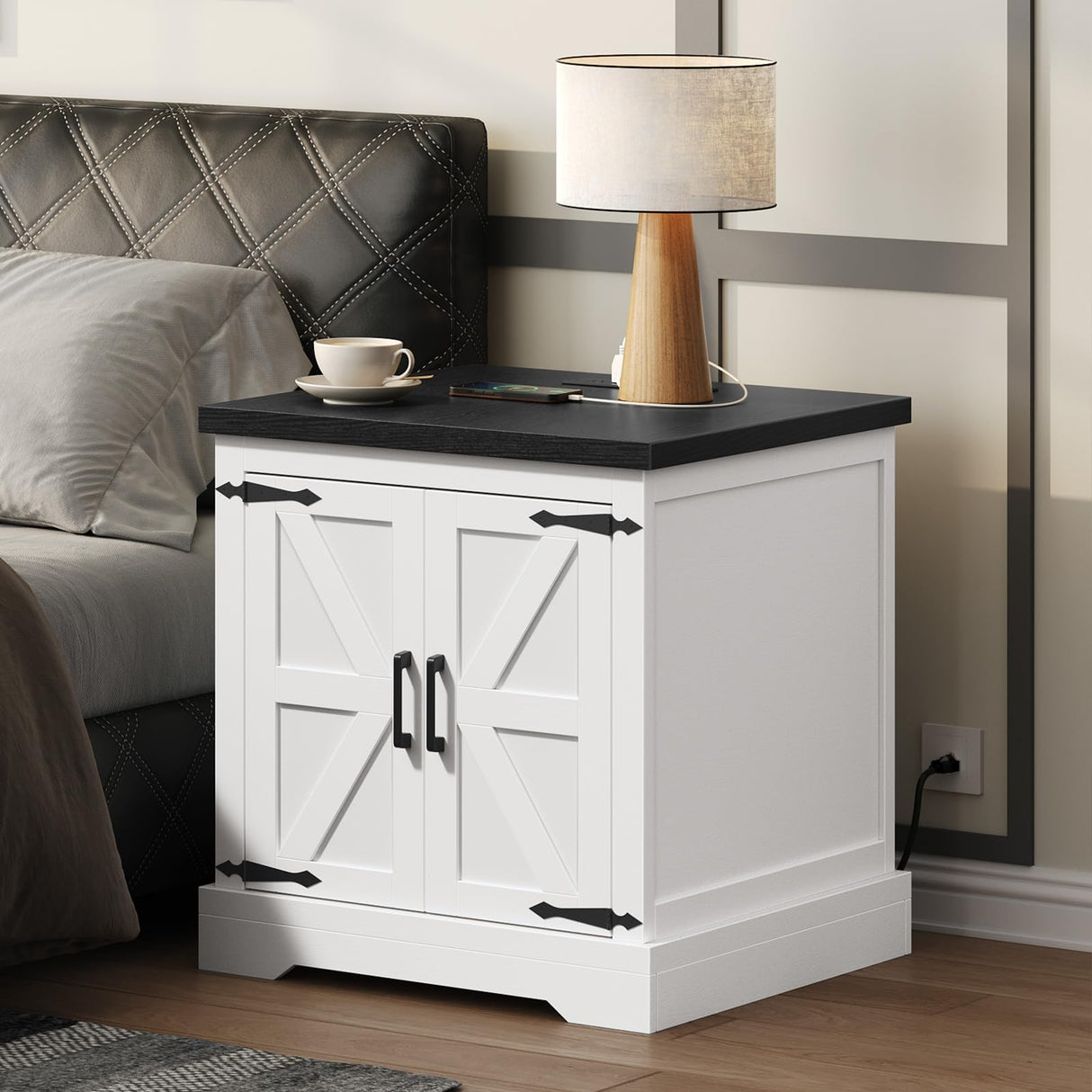 MAHANCRIS Farmhouse Nightstand with Charging Station, 24" Large End Table with Barn Door and Adjustable Storage Shelf, Square White Nightstand, Rustic Bedside Table for Bedroom, Living Room MAHANCRIS