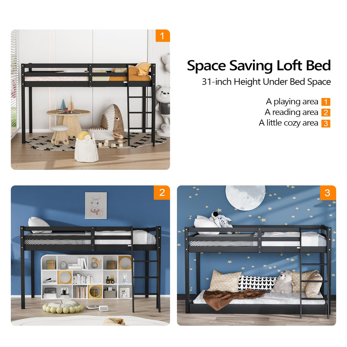 VINGLI 47'' Black Junior Low Loft Bed with Stairs - Sturdy Twin Size Frame for Kids and Teens VINGLI