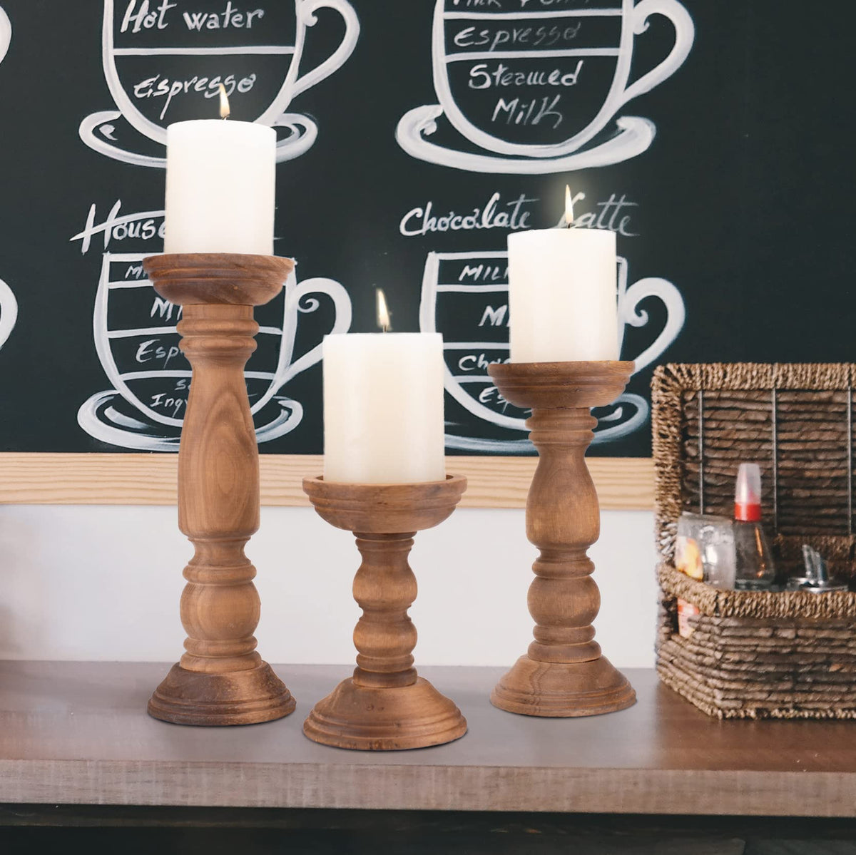 Farmhouse Wooden Candle Holders for Pillar Candles Set of 3, Rustic Wo ...