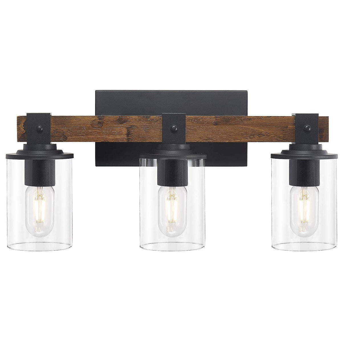 DUJAHMLAND Farmhouse Vanity Light Fixture,3-Light Bathroom Wood Wall Light Over Mirror with Clear Glass Shade, Rustic Vintage Wall Sconce Lighting.(Antique Wood, 3-Light) DUJAHMLAND