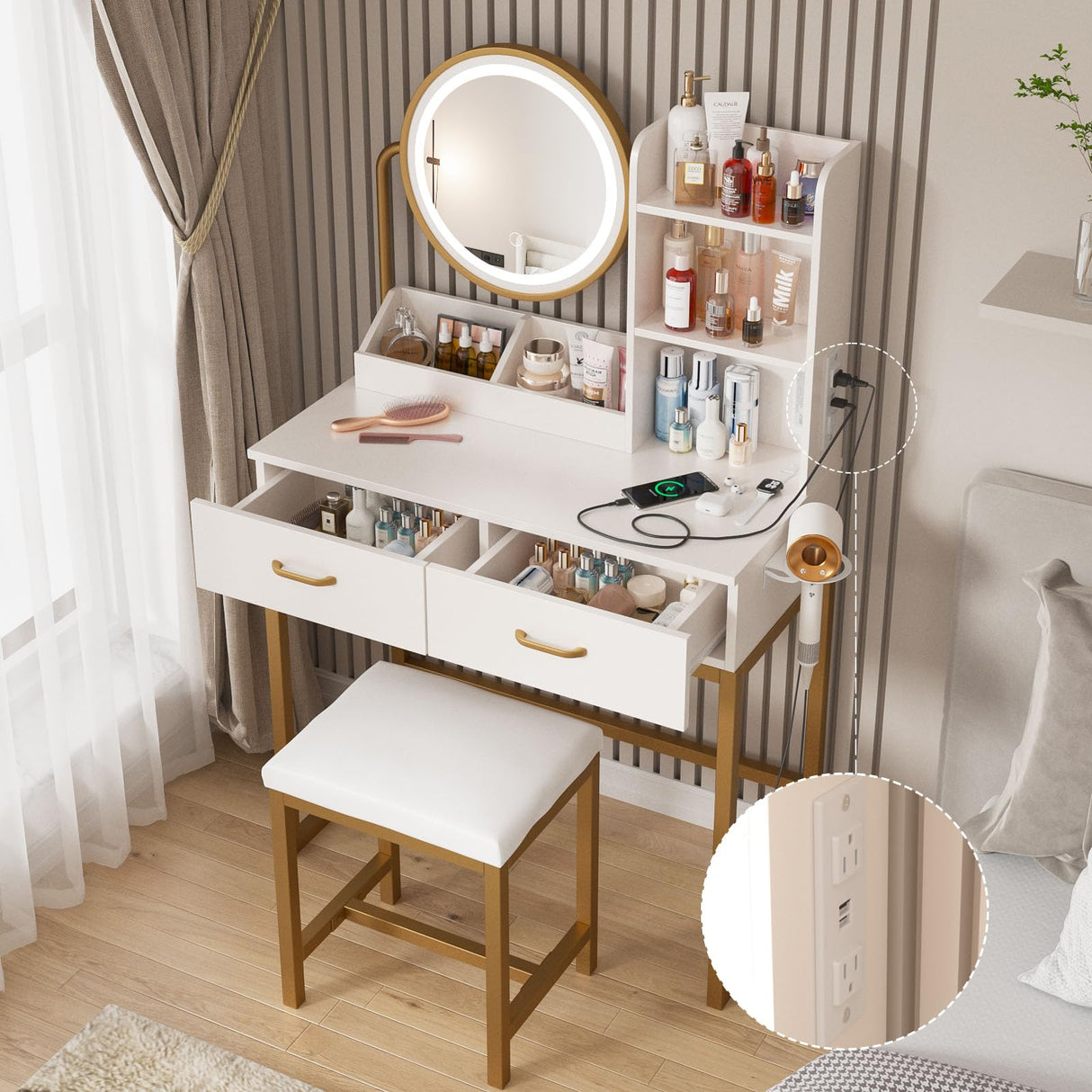 Makeup Vanity with Round Mirror and Lights, White Vanity Makeup Table with Charging Station, Small Vanity Table for Bedroom, 3 Lighting Modes, 31.5in(L) Vabches