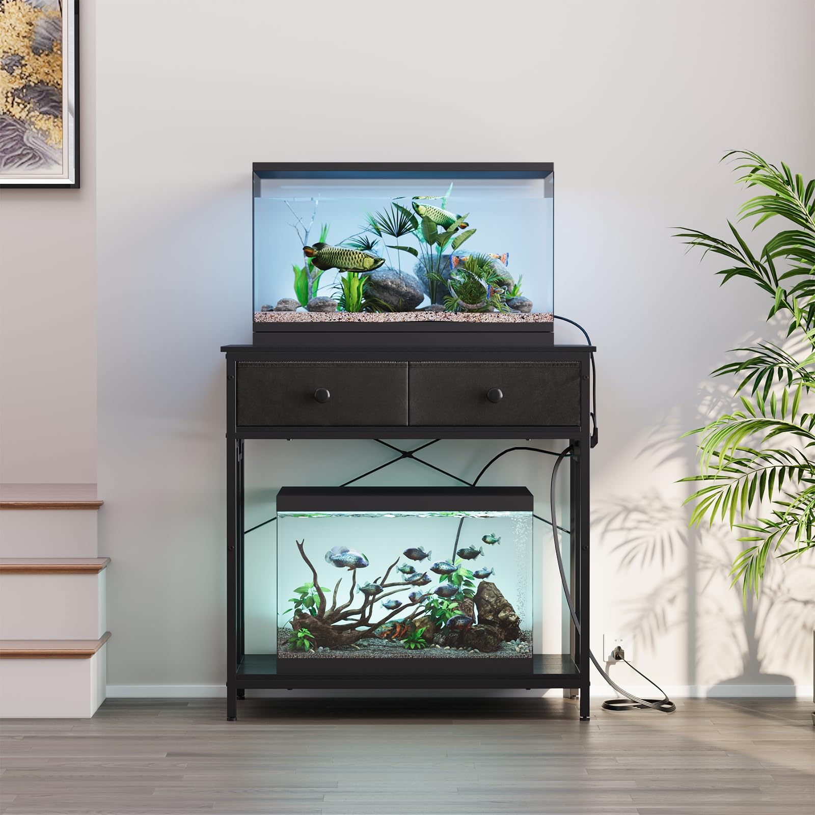 VOWNER 20-29 Gallon Aquarium Stand with Power Outlet, Metal Frame Fish Tank Stand with Cabinet Storage, Double Turtle Reptile Terrariums Tank Stand, 31.5" L*15.7" W Tabletop, 400LBS Capacity, - WoodArtSupply