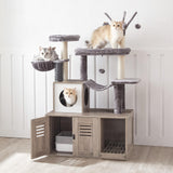 HOOBRO Large Hidden Litter Box, Cat Tree with 30.7'' Long Litter Box Enclosure, Modern Cat Tower, Cat Condos with Scratching Posts, Rubbing Post, Hammock and Teaser Sticks, Greige BG28MZ03G1 HOOBRO