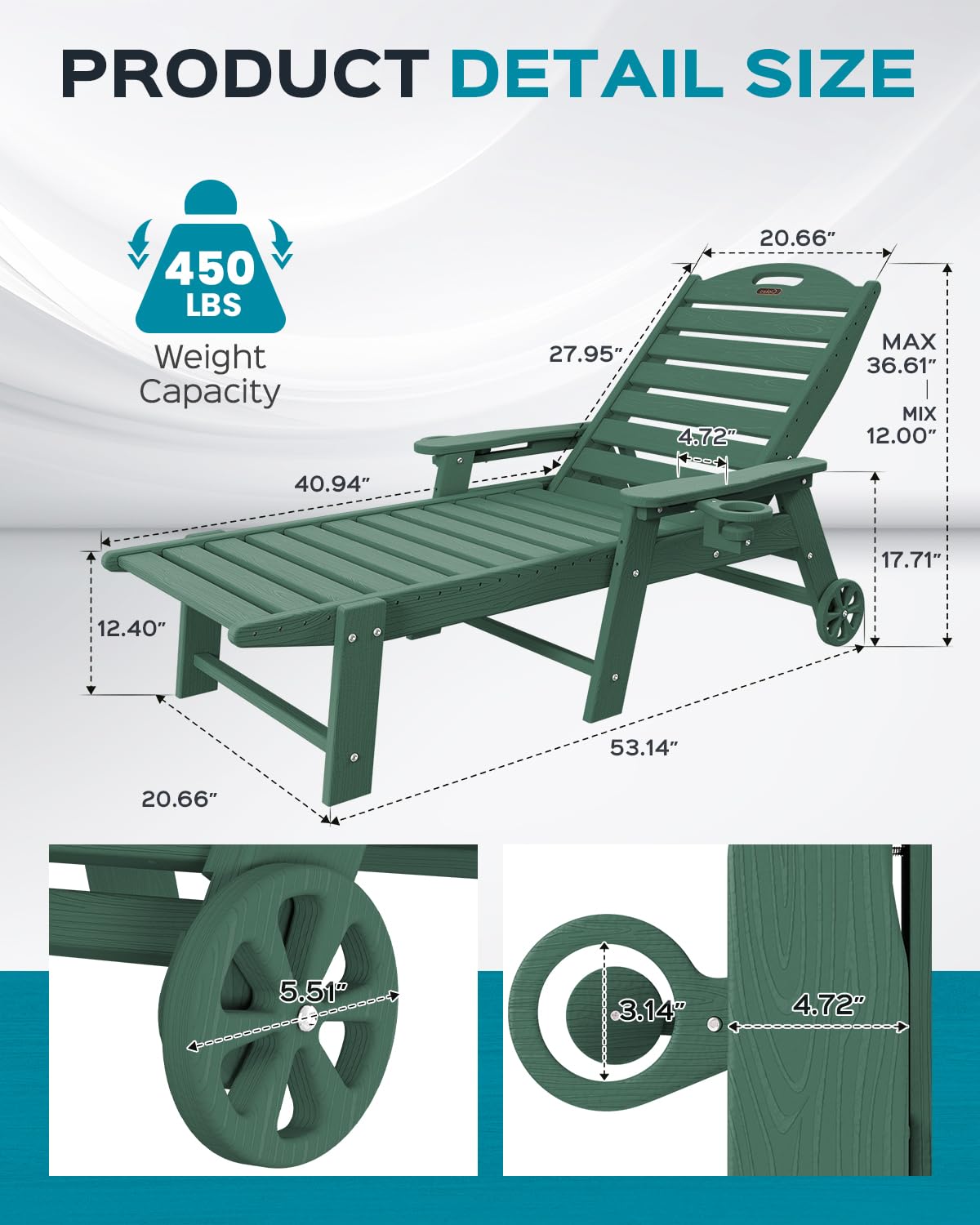 Chaise Lounge Chair Outdoor with Wheels, Double Cup Holders Adjustable 5-Position Chaise Lounge Outdoor with Wood Texture, Patio Lounge Chair for Poolside Backyard, Green