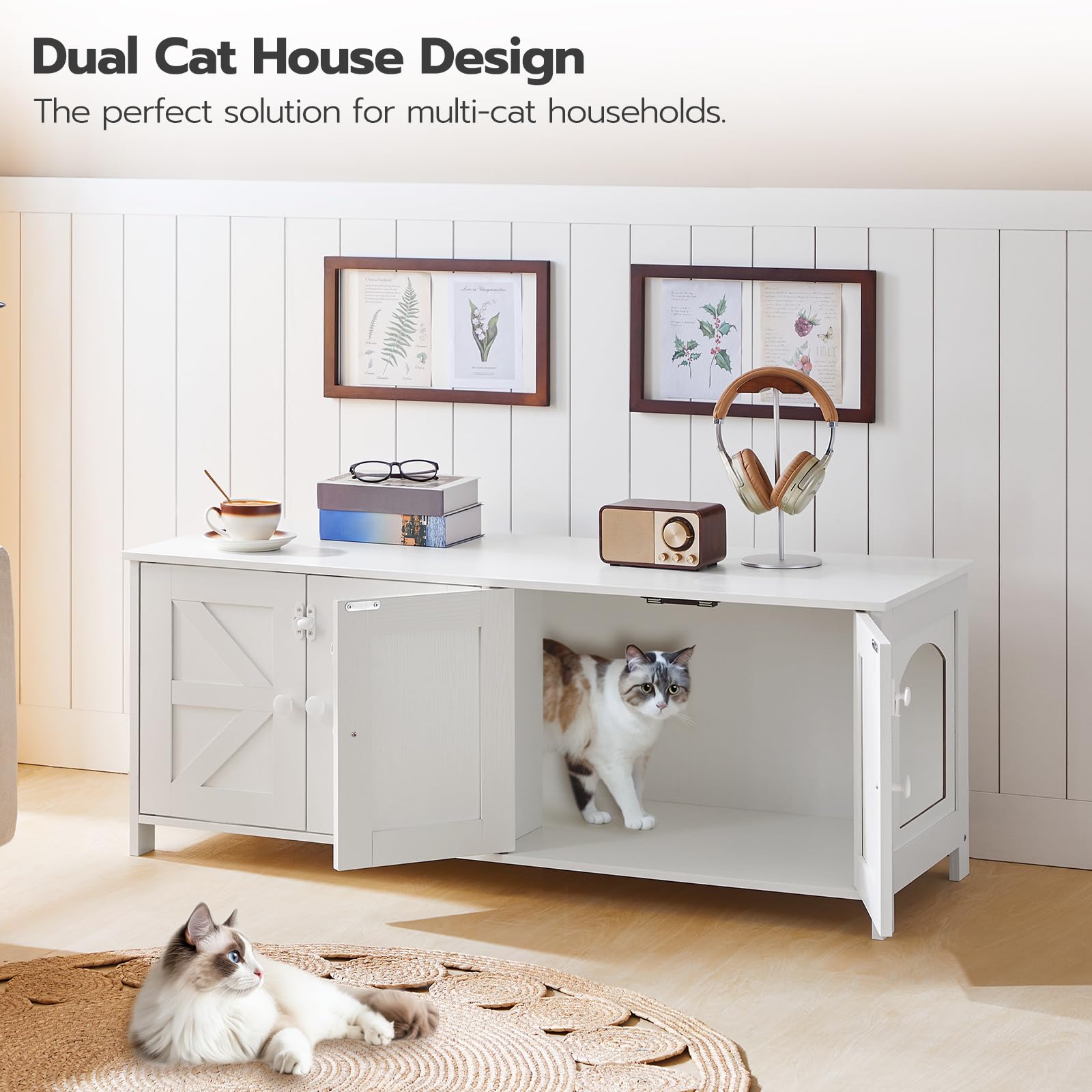 HOOBRO 47.2" Litter Box Enclosure for 2 Cats, Hidden Litter Box Furniture with Double Rooms, Wooden Cat Litter Box Enclosure, Dual Litter Box Design, Large Cat House for 2 Cats, White WT32MW0 - WoodArtSupply