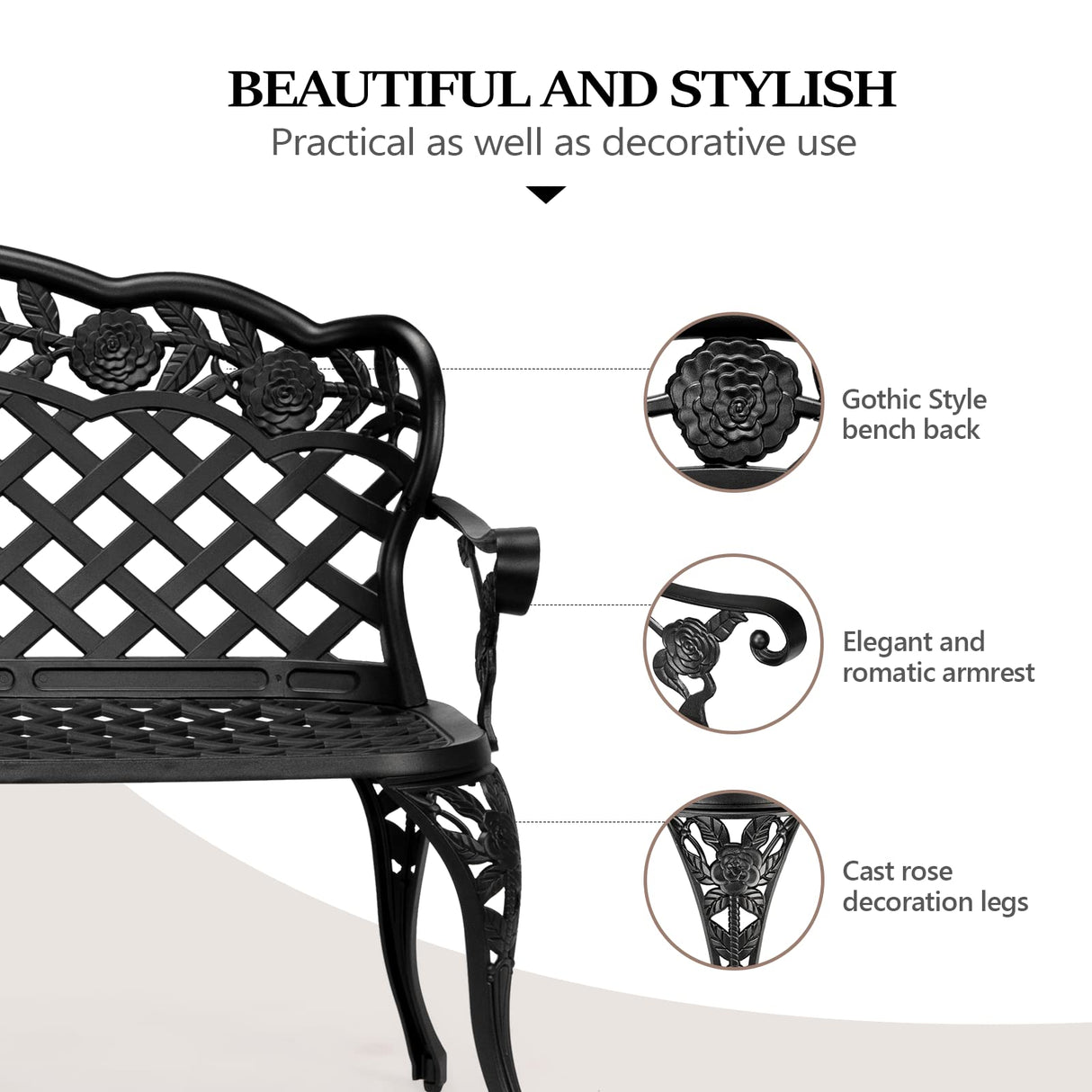 VINGLI 42.5" Outdoor Bench, Antique Cast Aluminum Front Porch Bench Metal Garden Benches Cast Iron Benches 2-3 People Seating (Black) VINGLI