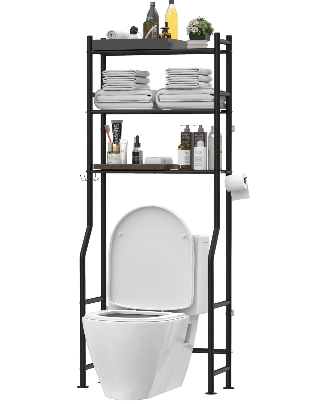 Livilord 3-Tier Over The Toilet Storage, Freestanding Metal Bathroom Shelves with 4 Hooks, Over Toilet Storage Shelf with Paper Holder, Above The Toilet Shelf for Bathroom Storage, Black Livilord