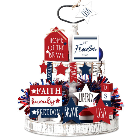15 Pcs 4th of July Tiered Tray Decor Patriotic Table Decor Wood Signs Independence Day Decorations for Memorial Day American Star Red White Blue Farmhouse Home Party FairySandy