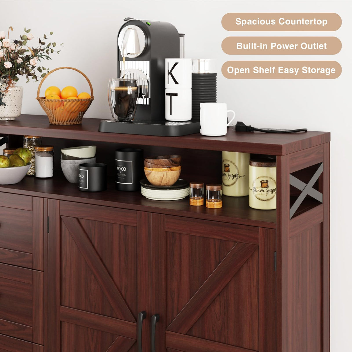 47" Dark Brown Farmhouse Storage Cabinet with Barn Doors and Drawers, Sideboard Buffet Cabinet with Storage, Kitchen Pantry Hutch, Coffee Bar Station Table for Kitchen, Living, Dining Room FiveWillowise