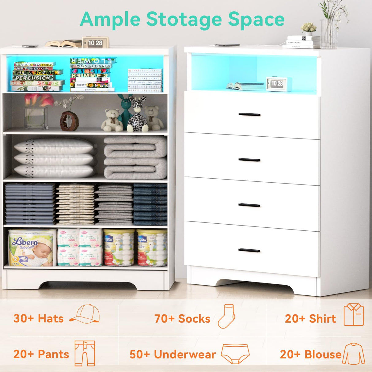 FJTJBSI Dresser with Power Outlets and LED Lights Wooden 4 Drawer Dresser with Large Organizer Tall White Drawer for Bedroom Modern Chest of Drawers Closet for Living Room Kids Room FJTJBSI