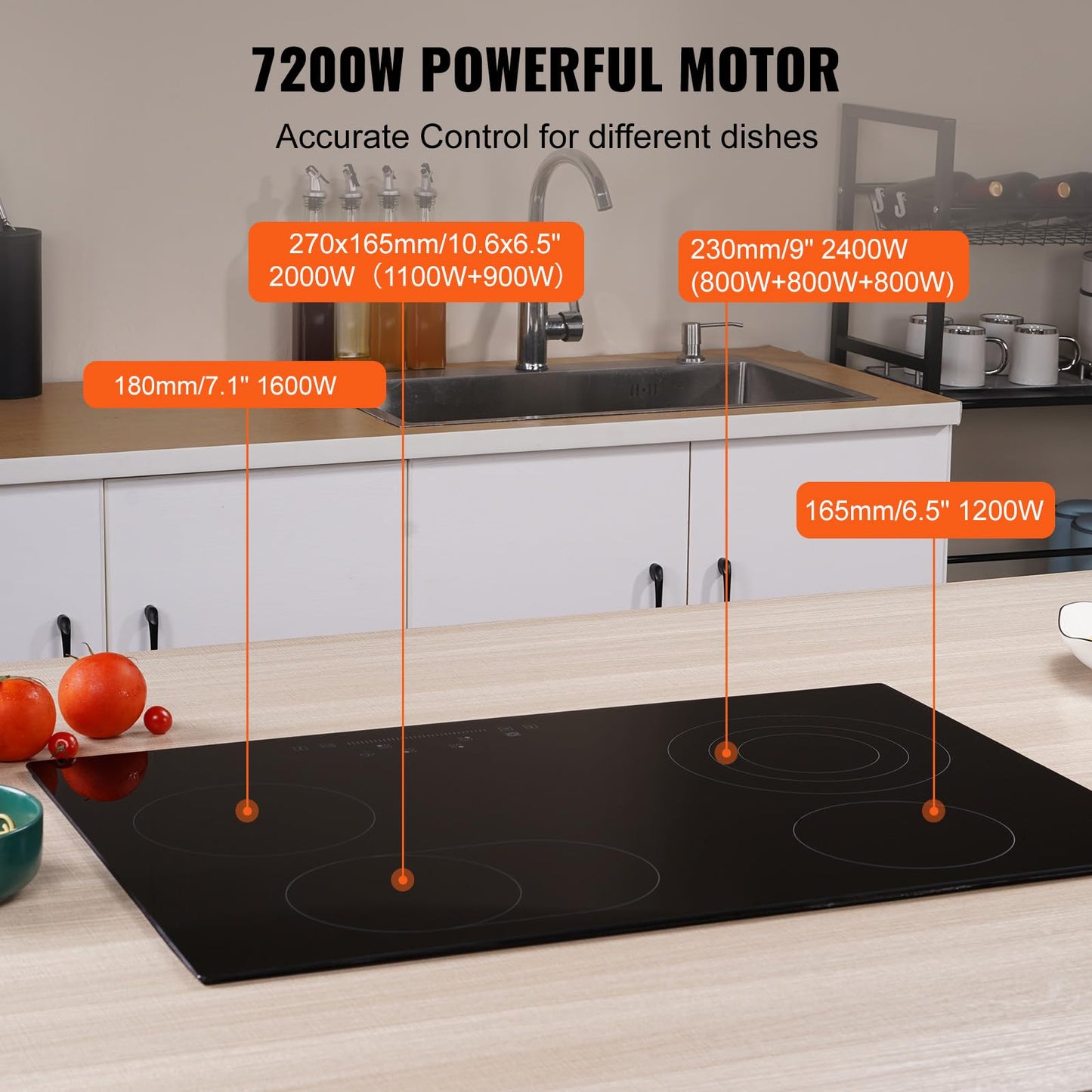 VEVOR Built in Electric Stove Top, 30 inch 4 Burners, 240V Glass Radiant Cooktop with Sensor Touch Control, Timer & Child Lock Included, 9 Power Levels for Simmer Steam Slow Cook Fry