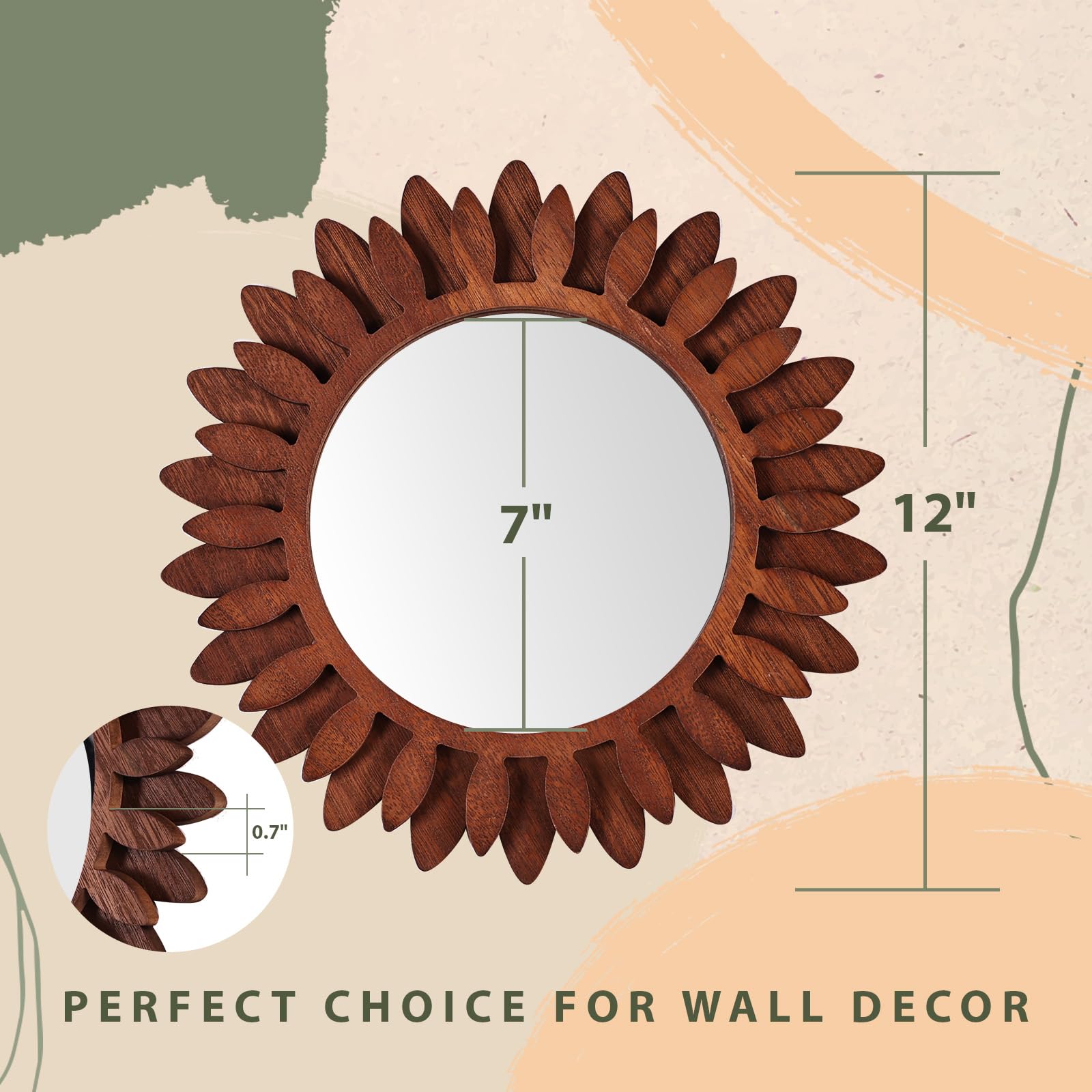 ABSWHLM Wall Mirror 12" Wood Farmhouse Sunburst Hanging Mirror Wall Decor for Bedroom Living Room Entryway (Black Walnut) - WoodArtSupply