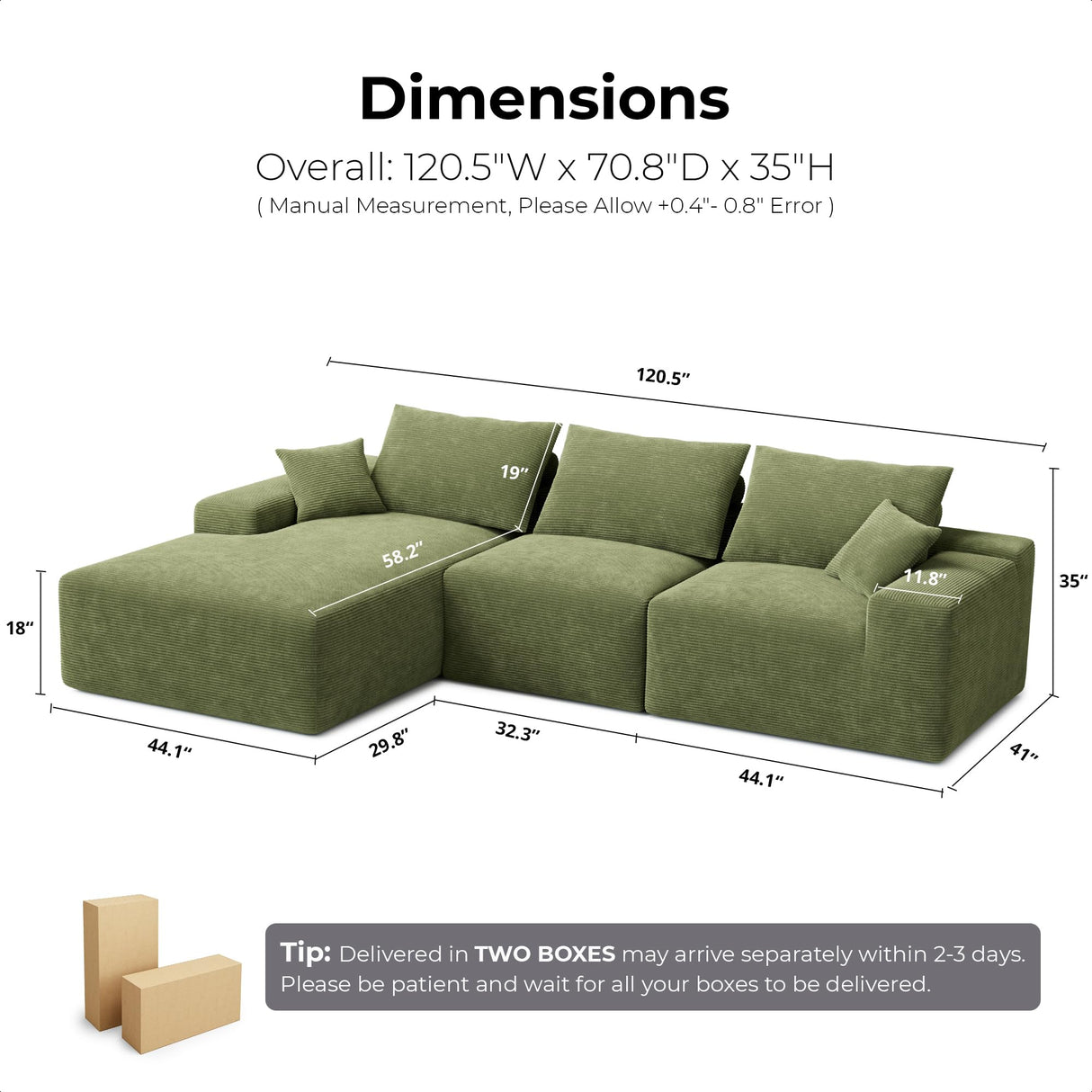 LIKIMIO 120" Boneless Couch for Living Room, Deep Seat Comfy Sectional Cloud Couch Sofa with Chaise, L-Shaped Modular Modern Sofa, No Assembly Required, Corduroy Upholstery Green LIKIMIO