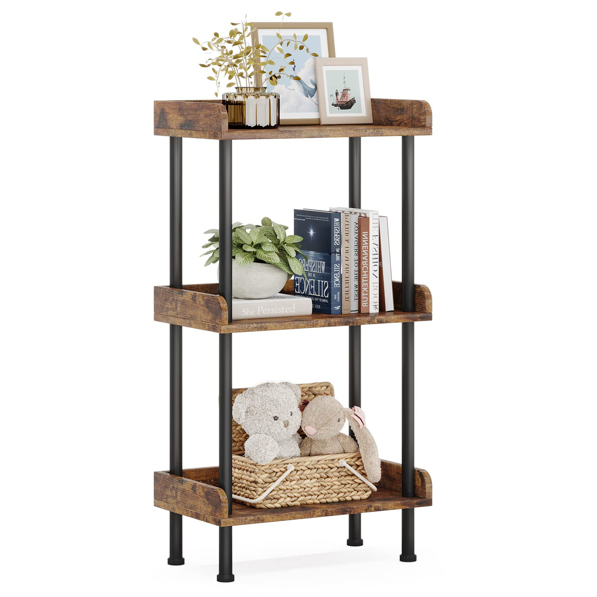 Hosfais Bookshelf Small Book Shelf, 3 Tier Wood Bookcase Industrial Bookshelf Metal Standing Book Shelves Display Book Rack for Living Room Bedroom Home Office (Rustic Brown) Hosfais