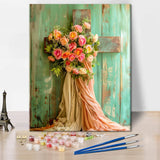 Religion Paint by Numbers Kits for Adults Jesus Cross Painting Artwork Christianity Pattern Vintage Rustic Wooden Cross Pictures Prints on Canvas DIY Turquoise Flowers Painting by Number Rebotipy