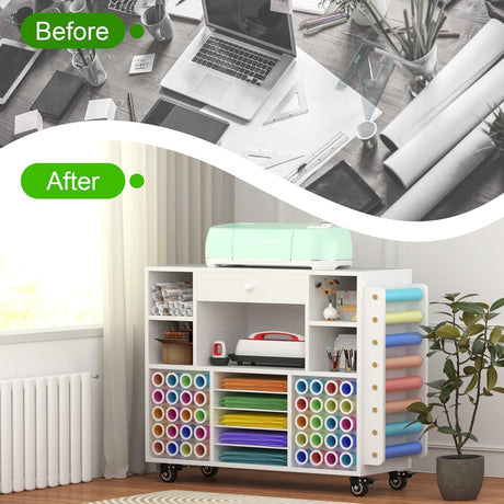 Craft organization and storage Cart Compatible with Cricut Machine, Rolling Craft Organizer With large drawer & 48 Vinyl Roll Holder, Crafting Cabinet Table Workstation for Craft Room Home CXQ
