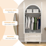 YUCHIATH Arched Armoire Wardrobe Closet with 2 Rattan Doors, Wooden Wardrobe Closet with 2 Drawers, 74.8 "H Bedroom Armoires with Hanging Rod (White) YUCHIATH