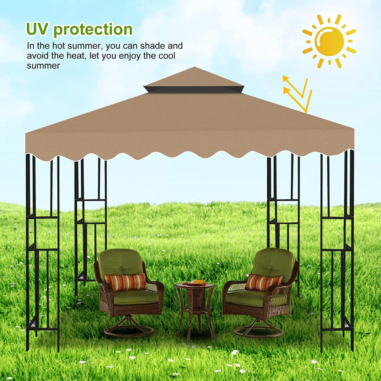 10'X10' Gazebo Canopy Top Replacement, Double Tier Gazebo Canopy Replacement Top Cover with Air Vent, Grill Gazebo Top Roof for Shop Garden Patio Yard Outdoor, Pavilion Cover Sunshade (Khaki A) Qdreclod
