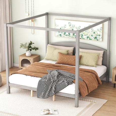 JIJIWANG King Size Canopy Bed Wood King Platform Bed Frame with Headboard and Slat Support Leg, 4 Posters King Bed Frame for Kids Teens Adults - Grey Wash JIJIWANG