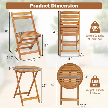 Tangkula 3 Pieces Folding Patio Bistro Set, Solid Acacia Wood Table and Chairs with Slatted Tabletop, Back & Seat, Foldable Outdoor Furniture Set for Patio, Backyard, Garden, Poolside, Natura - WoodArtSupply