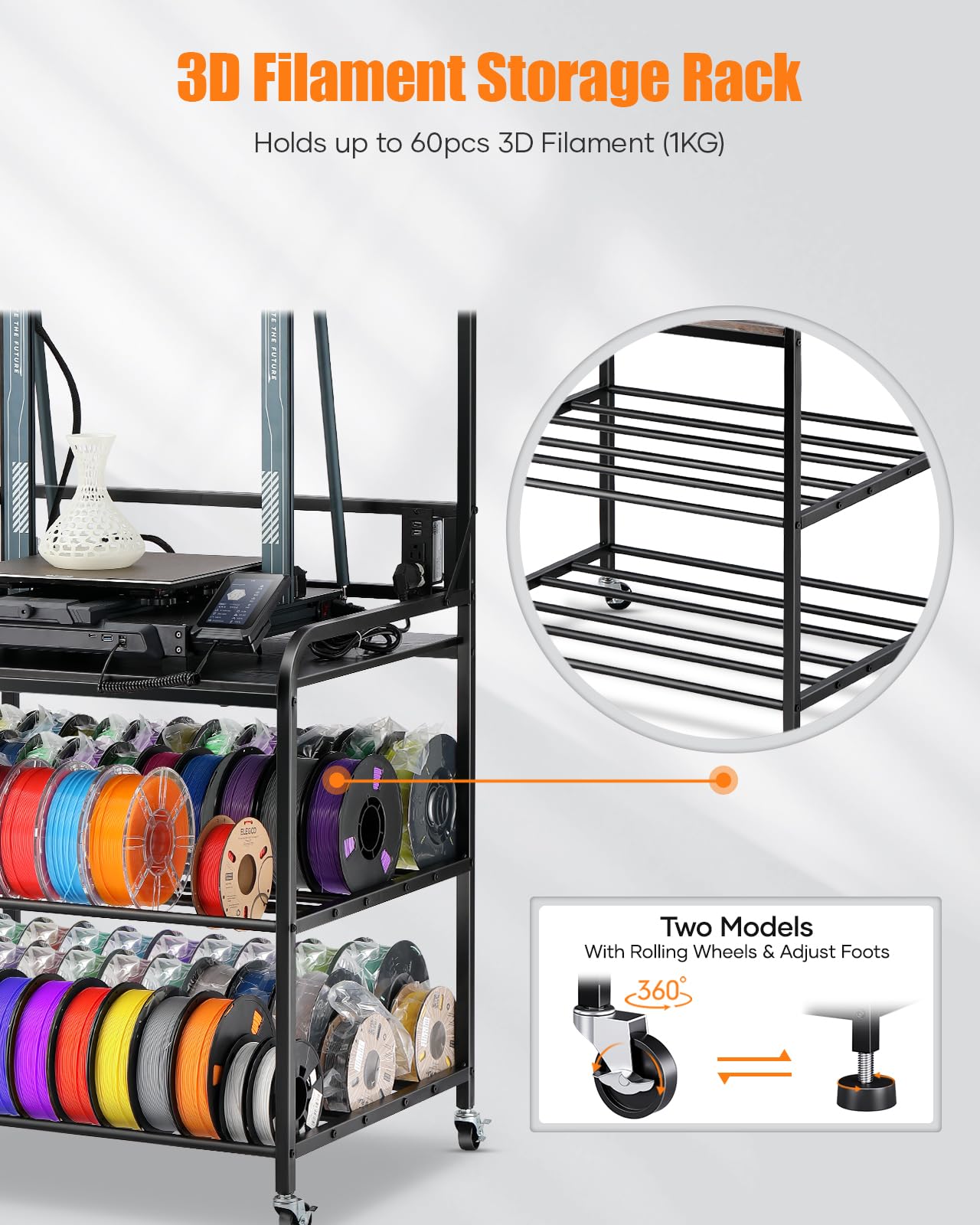 AHOWPD 3D Printer Rack Filaments Storage - Rolling 3d Printing Stand Filament Organizer, Spools Holder Racks Cart with Wheels, Heavy Duty Shelf Hold Spool PLA, ABS, PETG for Garage Office Wor - WoodArtSupply