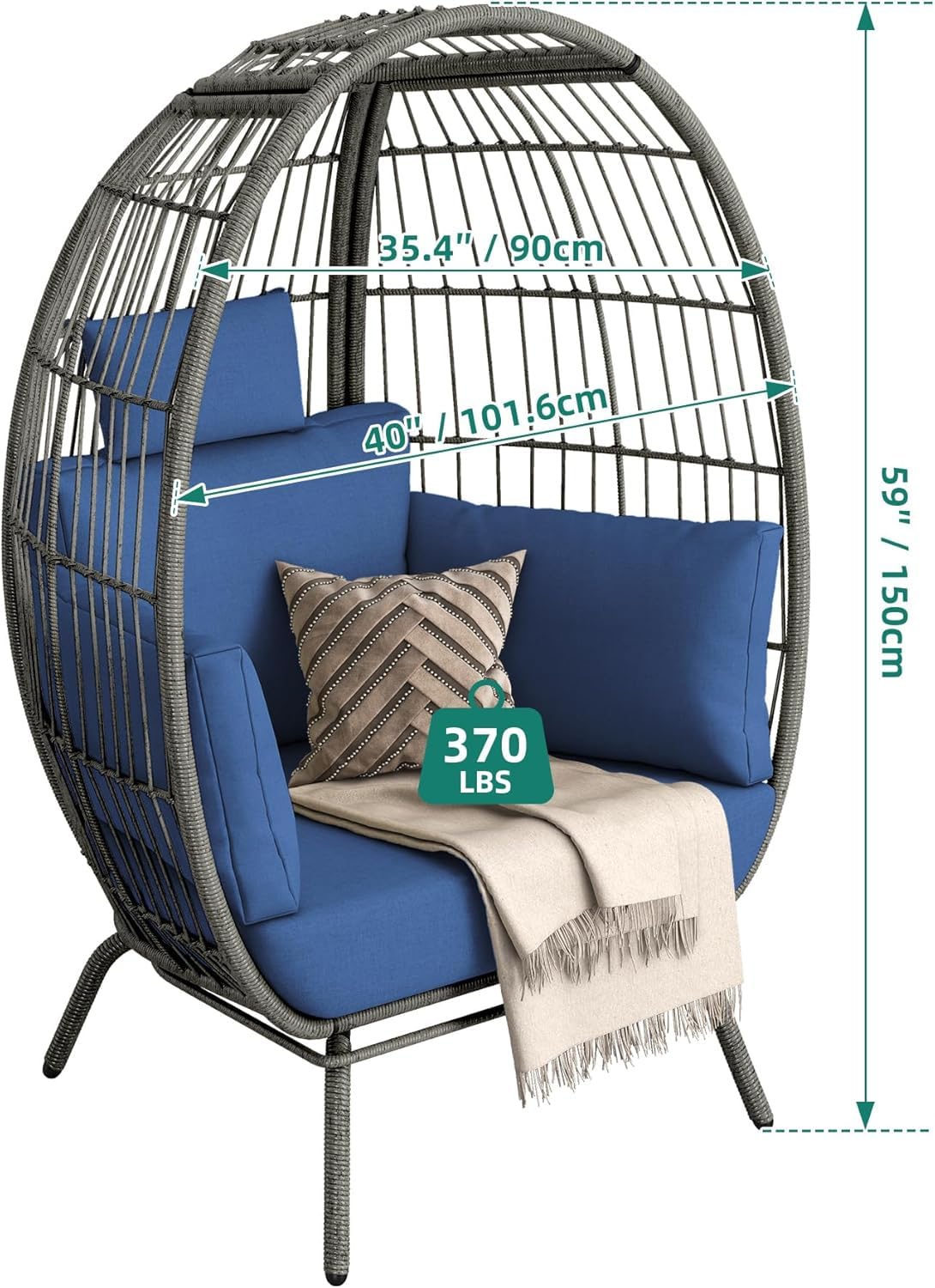 Wicker Egg Chair Outdoor - Patio Chair, Oversized Indoor Outdoor Lounger for Patio,Perfect for Backyard Lounger, & Balcony, Garden, Indoor, Steel Frame (Standing, Blue) Generic