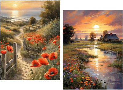 2 Pack Paint by Numbers Kit for Adults - Landscape Flowers Sunset Paint by Number for Beginner DIY Adult Paint by Number Kits on Canvas,Oil Number Painting Kits for Home Decor 12x16 inch