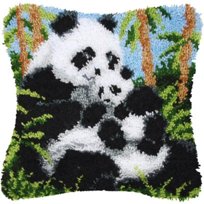 GemJelry Latch Hook Kits for Adults Kids DIY Animal Panda Pillow Cover Beginner Cross Stitch Kits with Preprinted Canvas Crochet Yarn Embroidery Hooking Kit Sofa Home Decor 17'' X 17''