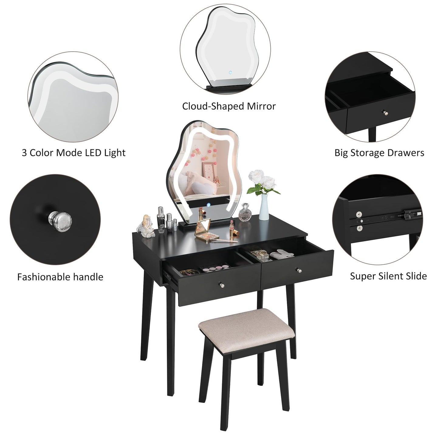 ANWBROAD Makeup Vanity Desk Vanity Set with LED Lighted Mirror Makeup Vanity Table Set 3 Colors Modes Dimming Cushioned Stool Large Frameless Mirror