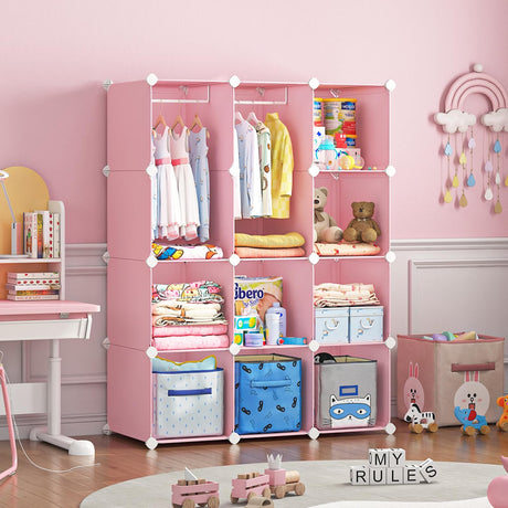 VIPZONE Baby Dresser, Kids Closet Organizers, Portable Kids Wardrobe for Closet, Bedroom, Nursery, Cubby, Cabinet, Clothes, Dress, Baby Storage Shelf, Armoire Clothes Hanging (12 Cube, Pink) VIPZONE