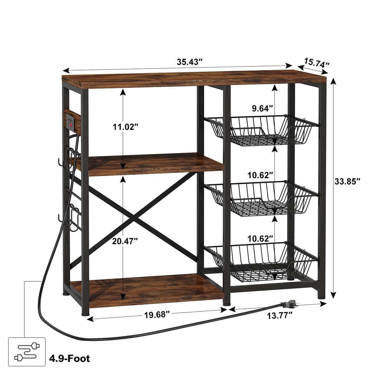Homeiju Kitchen Island, Baker's Rack with Power Outlet, Microwave Stand, Coffee Bar with 3 Removable Wire Baskets, Kitchen Storage Rack with 6 S-Hooks for Spices, Pots and Pans - Rustic Brown Homeiju