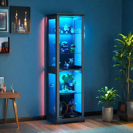 Trygoal Display Cabinet with Glass Doors, 5-Tier Display Shelf with 3 Color Lights for Collectibles, Accent Cabinet with Human Body Sensor, Curio Cabinet with Lock, Black Trygoal