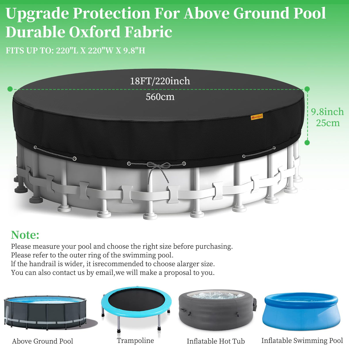 HIGHTQURO 18Ft Round Pool Cover,Heavy Duty Waterproof Round Pool Covers for Above Ground Pools with Ground Nails and Windproof Ropes,Increase Stability&Tear-Resistant, Waterproof and Dustproof, Black HIGHTQURO