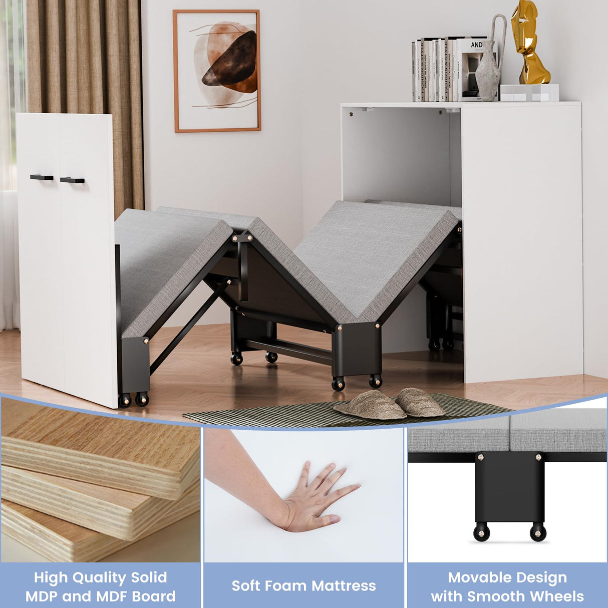 DoCred Murphy Bed - 2 in 1 Cabinet Bed, Folding Trundle Beds w/Mattresses for Adult, Roll Away Pull Out Murphy Chest Daybed, Guest Beds for Apartment Small Room Office Nap, Cot Size: 75" x 29" DoCred