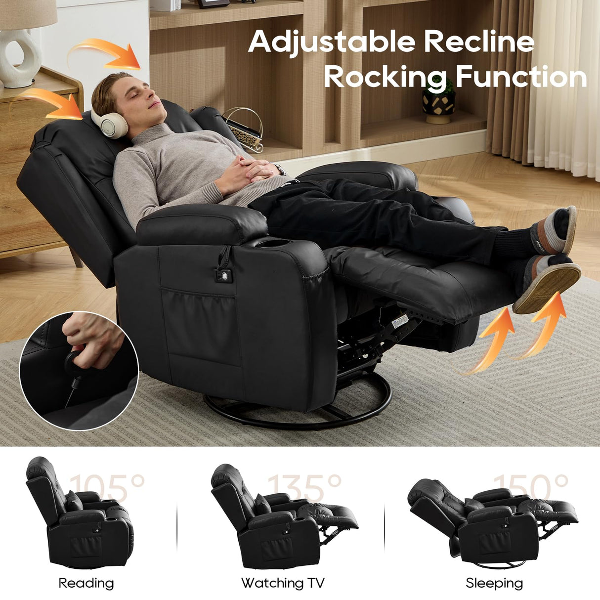 IPKIG Manual Swivel Rocker Recliner Chair with LED Lights, Side Pocket, Cup Holder, Dual-Use Pillow, Faux Leather Glider Rcking Chair Nursery for Living Room, Bedroom, Office, Black IPKIG