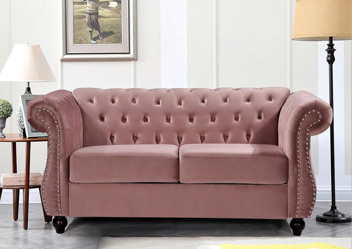 Container Furniture Direct Feinstein Modern Velvet Chesterfield Couches for Living Room with Nailheads, Diamond Tufting & Durable Metal Frame, Loveseat, Rose Container Furniture Direct