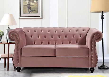 Container Furniture Direct Feinstein Modern Velvet Chesterfield Couches for Living Room with Nailheads, Diamond Tufting & Durable Metal Frame, Loveseat, Rose Container Furniture Direct