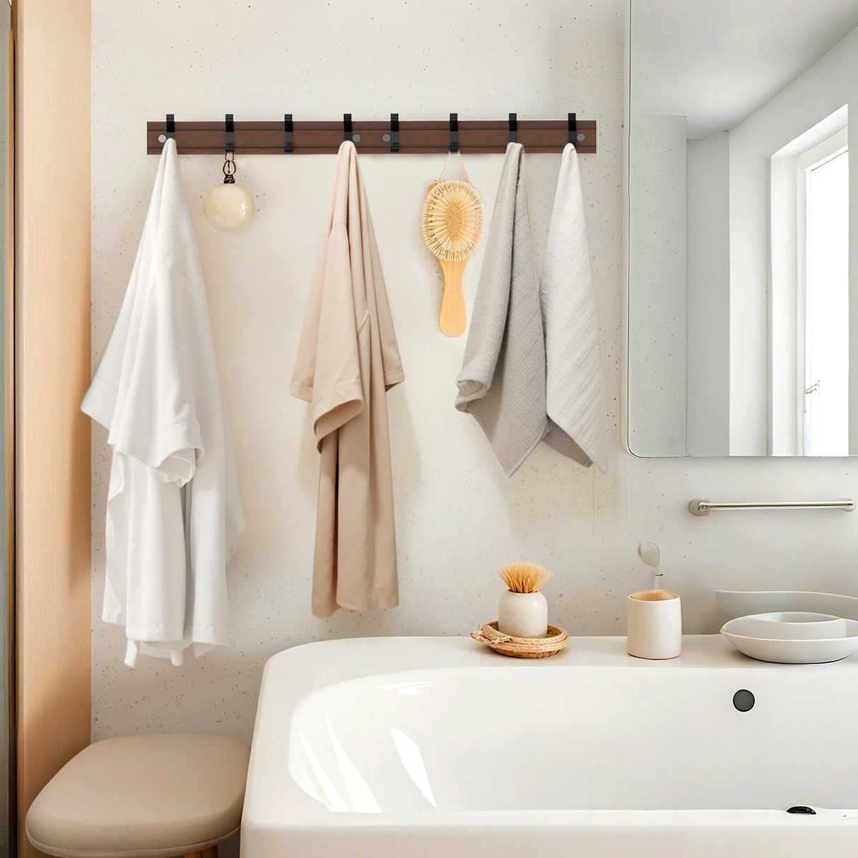 HAVEDAWN Adjustable Coat Rack Wall Mount, Coat Hooks with 8 Sliding Dual-Tier Hooks, Heavy Duty Hanger for Jackets, Hats, Solid Pine Wood & Metal, Farmhouse Chic Entryway Organizer, Easy Install HAVEDAWN