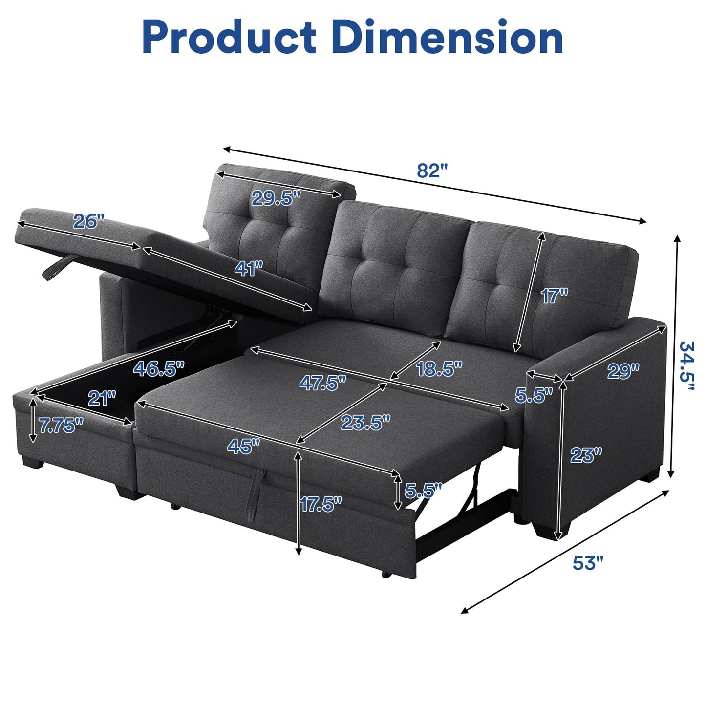 Rovibek L Shaped Sofa Cama Moderno, 4-in-1 Modular Sectional Sofa with Storage, Sleeper Sofa Couch with Pullout Bed, Home Sofa for Living Room, Office, Apartment, Dorm