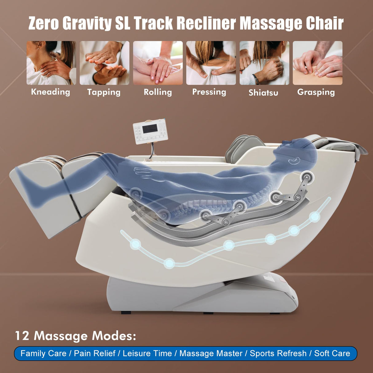 Massage Chair Full Body, SL Track Zero Gravity Massage Chair Recliner with Heating, Bluetooth Speaker, Body Scan, Foot Roller & Airbags Massage, AI Voice Control, Wireless Charging, White Artist hand
