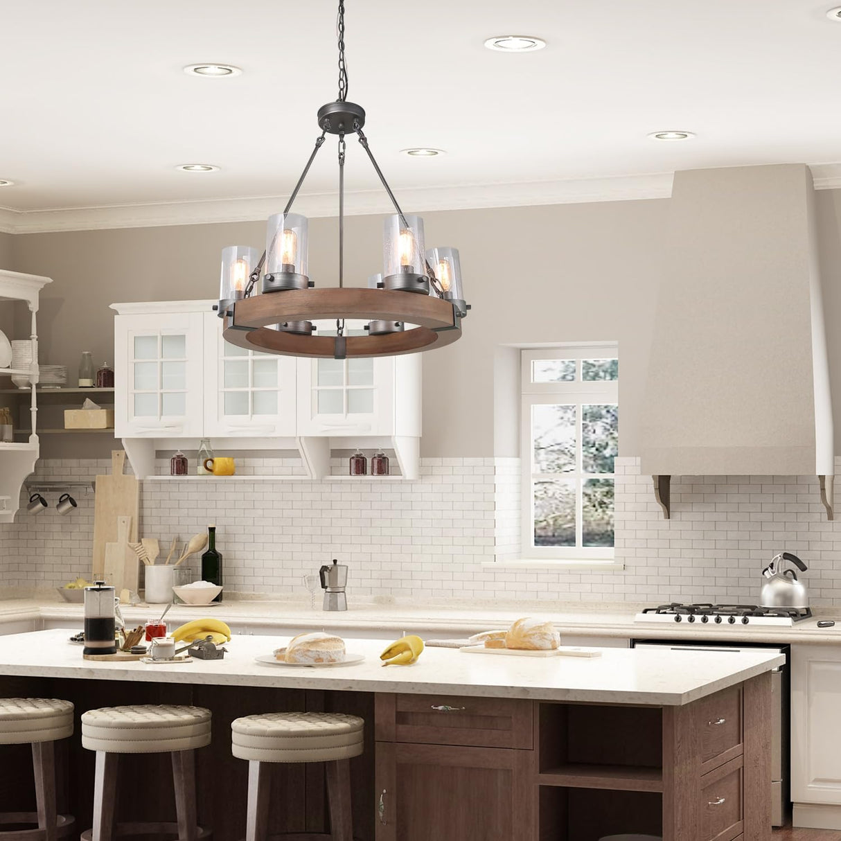 LNC Farmhouse Chandelier, Wood Round Wagon Wheel 6-Light Fixture with Seeded Glass Shades for Dining & Living Room, Bedroom, Kitchen and Foyer LNC