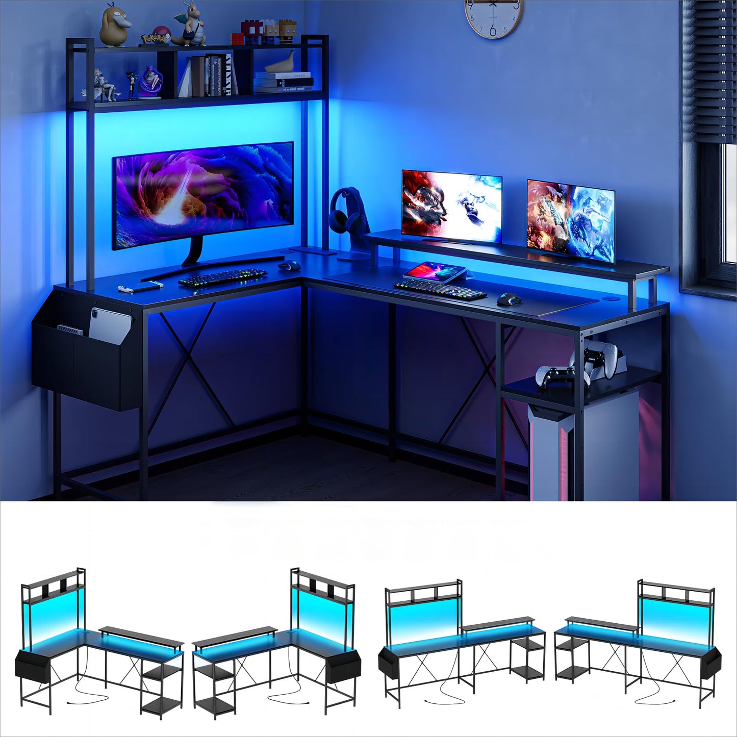 Jojoka L Shaped Computer Gaming Desk with LED Lights & Power Outlets, 67" Reversible Large L-Shaped Desk with Monitor Stand & Storage Shelves (Black)